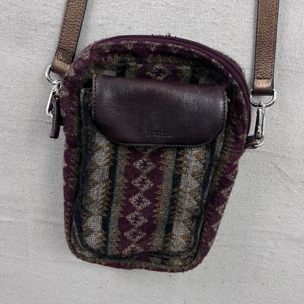 Pendleton Crossbody Bag Womens Small Burgundy Wool Geometric Leather Trim Strap